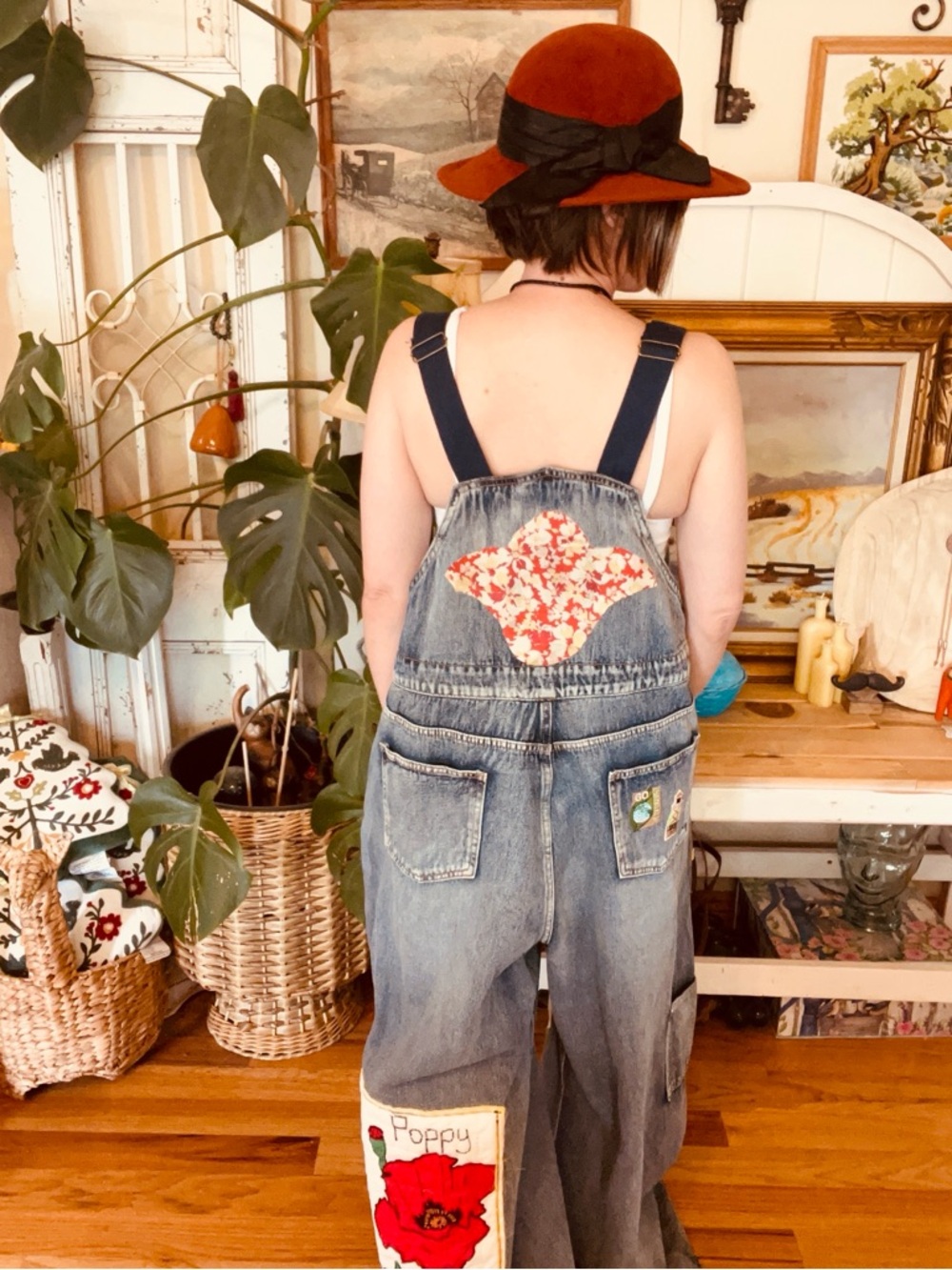 OOAK Vintage Gardening Eclectic Grandpa Upcycle Overalls Quilted Poppy - Picture 4 of 12